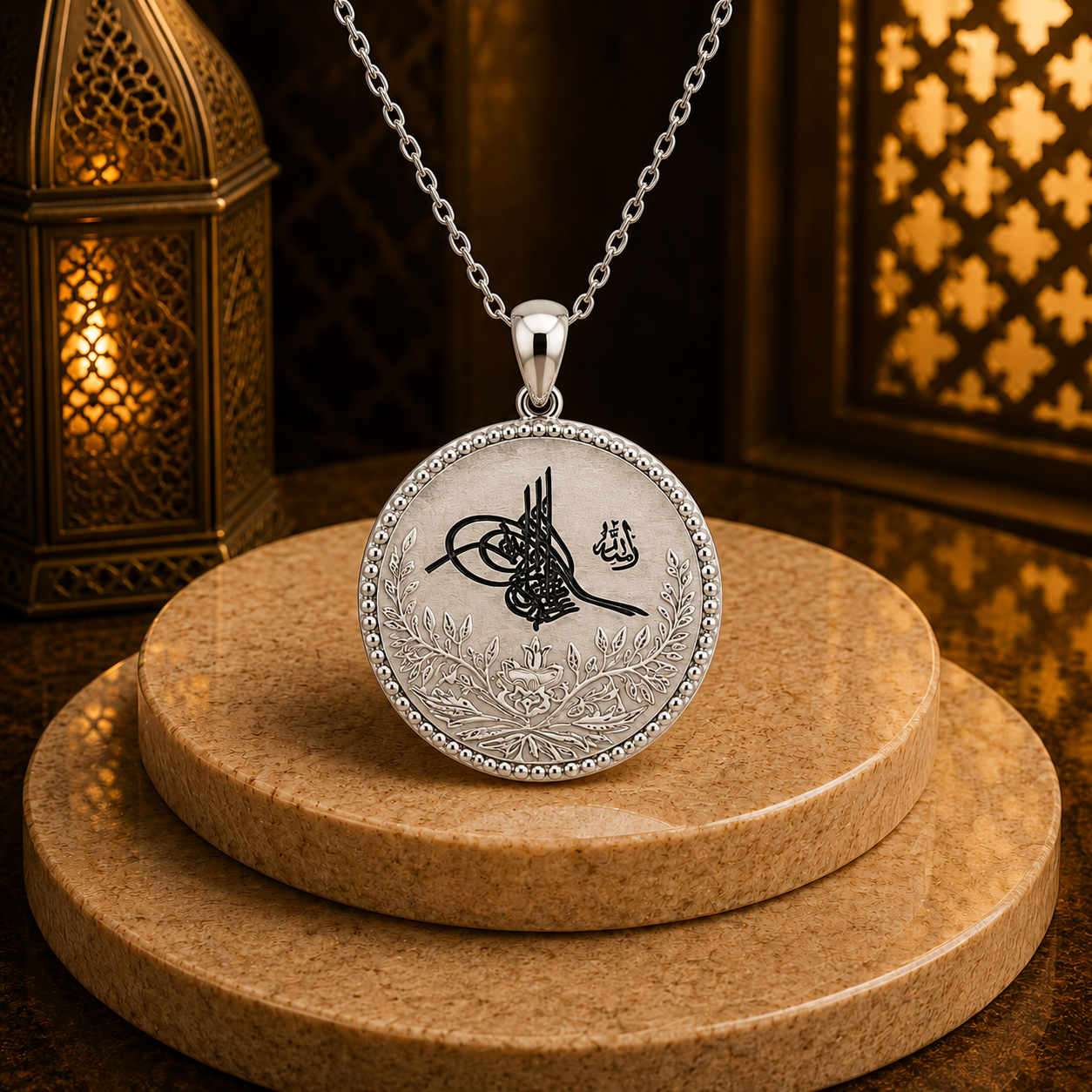 سلسلة “ بسملة فارسي“ زخرفة نباتية - إطار حجر ( دائري ) - فضه عيار 925 - الصورة 3